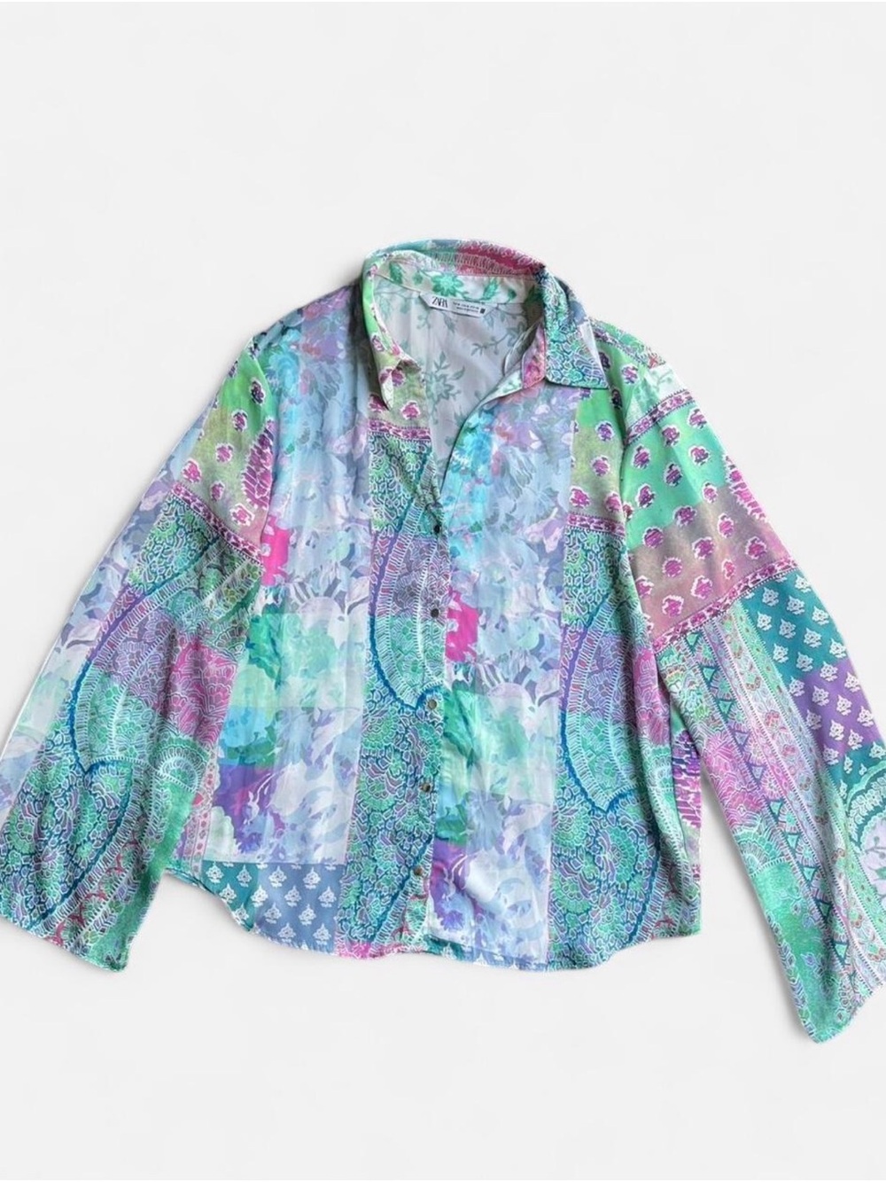 Zara Patchwork Paisley Abstract Printed Satin Button Up Top Sz M Lightweight